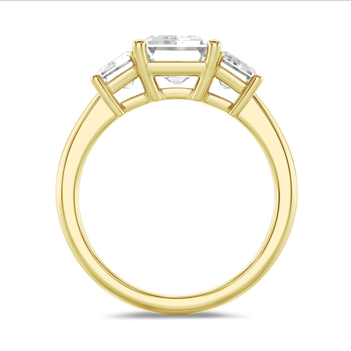 4.40 quilates anillo trilogía en oro amarillo con diamantes talla esmeralda cultivados en laboratorio