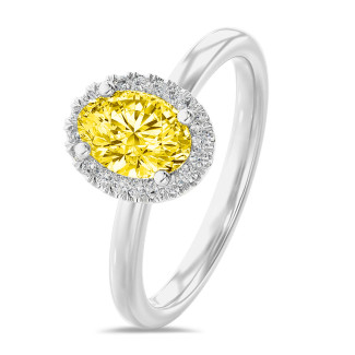 1.00 quilates halo anillo solitario diamante ovalado amarillo cultivado en laboratorio en oro blanco con diamantes redondos cultivados en laboratorio