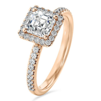 1.00 quilates halo anillo solitario diamante de corte asscher en oro rojo con diamantes redondos
