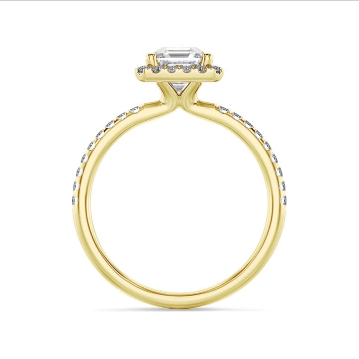 1.50 quilates halo anillo solitario diamante de corte asscher en oro amarillo con diamantes redondos