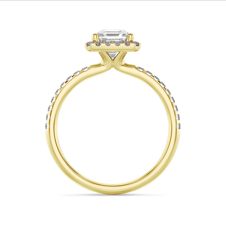 2.00 quilates halo anillo solitario diamante de corte asscher cultivado en laboratorio en oro amarillo con diamantes redondos cultivados en laboratorio