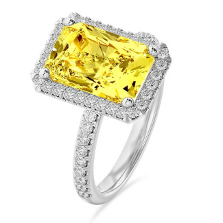 3.00 quilates halo anillo solitario diamante amarillo de talla radiante cultivado en laboratorio en oro blanco