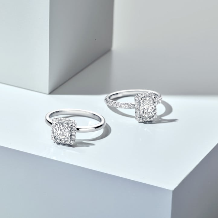 1.00 quilates halo anillo solitario diamante de talla radiante cultivado en laboratorio en oro rojo con diamantes redondos cultivados en laboratorio