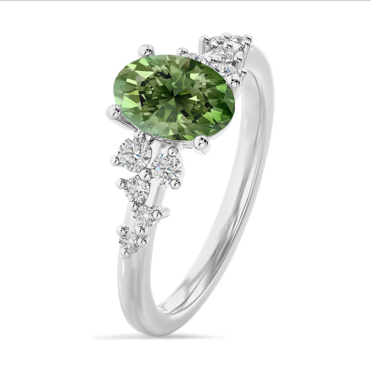 Anillo solitario cluster de 1,00 quilates en oro blanco con diamante ovalado cultivado en laboratorio Fancy Vivid Green