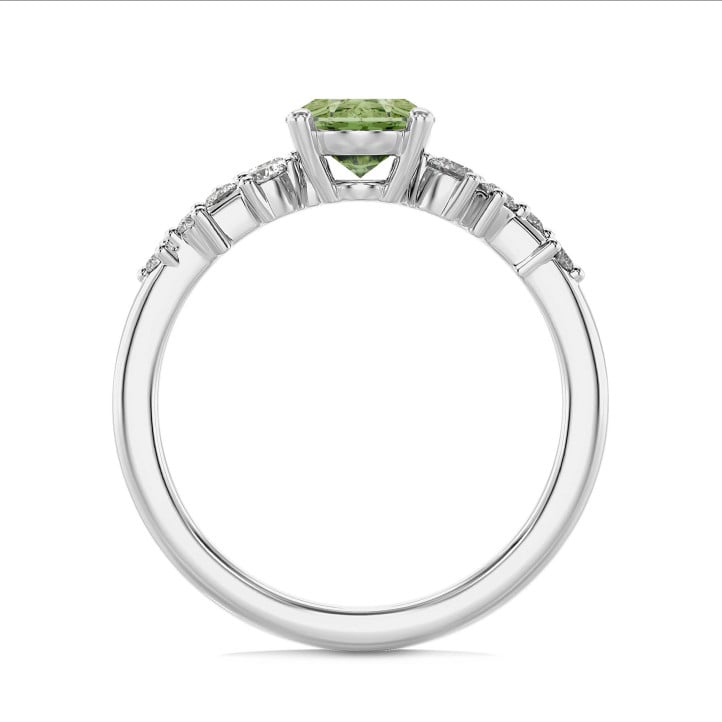 Anillo solitario cluster de 1,00 quilates en oro blanco con diamante ovalado cultivado en laboratorio Fancy Vivid Green