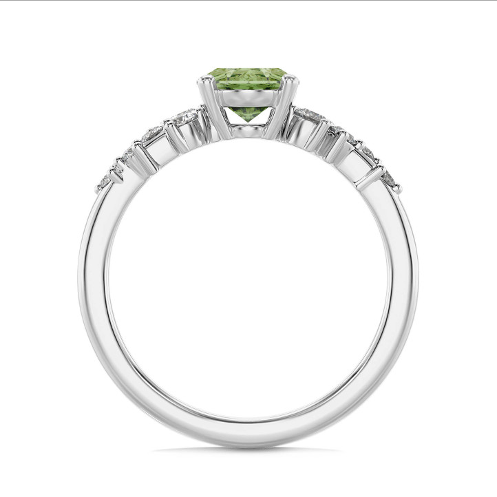 Anillo solitario cluster de 1,00 quilates en oro blanco con diamante ovalado Fancy Vivid Green