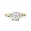 Anillo solitario tipo cluster 1.50 ct en oro amarillo con diamante corte radiante