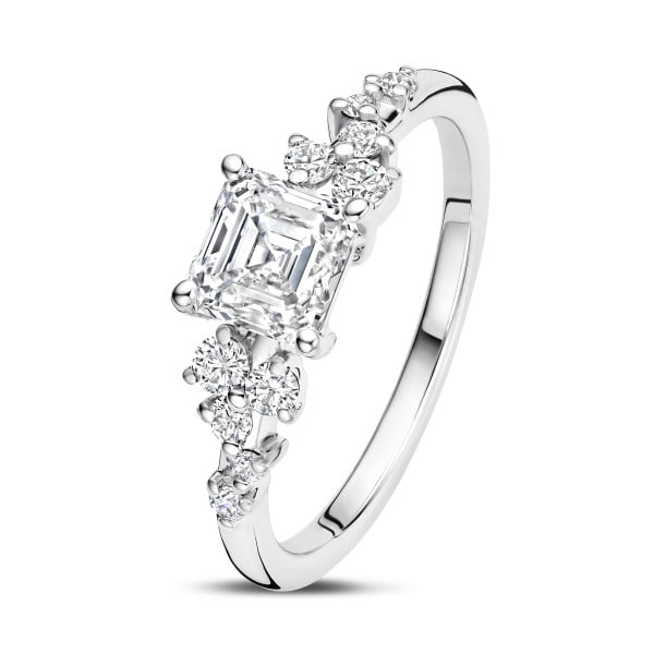 Anillos de compromiso - Anillo solitario tipo cluster 1.50 ct en oro blanco con diamante corte Asscher
