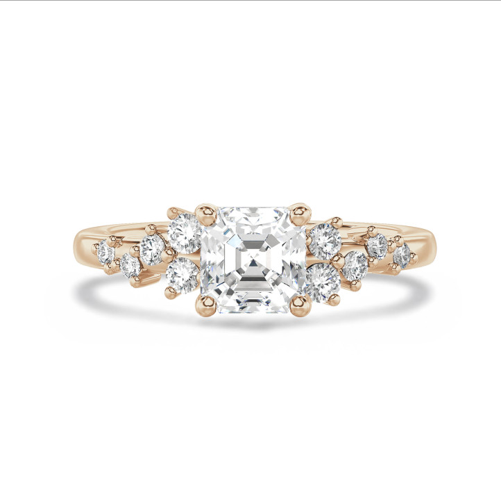 Anillo solitario tipo cluster 2.00 ct en oro amarillo con diamante corte Asscher