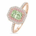 Anillo doble halo de 1,20 quilates con un diamante Fancy-Vivid Green talla radiant creado en laboratorio en oro rojo