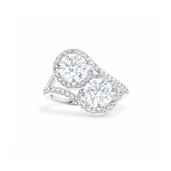 Anillo «Toi et Moi» con halo, hecho a medida y con diamantes redondos