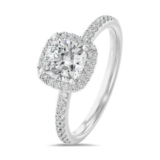 1.00 carats bague solitaire de type auréole avec un diamant coussin en or blanc avec diamants ronds
