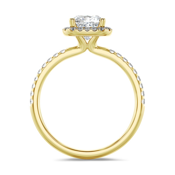 Search all PLP - 2.00 carats bague solitaire de type auréole avec un diamant synthétique coussin en or jaune avec diamants synthétiques ronds