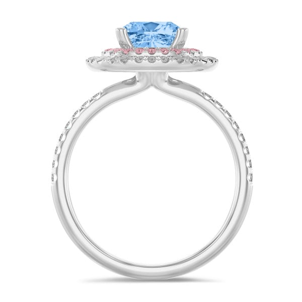 Search all PLP - 1.50 carat solitaire double halo (rose-blanc) avec un diamant coussin bleu en or blanc et diamants latéraux