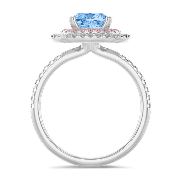 1.50 carat solitaire double halo (rose-blanc) avec un diamant coussin bleu en or blanc et diamants latéraux