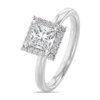 2.00 carats bague solitaire de type auréole avec un diamant princesse en or blanc avec diamants ronds
