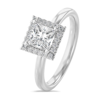 2.00 carats bague solitaire de type auréole avec un diamant de laboratoire princesse en or blanc avec diamants de laboratoire ronds