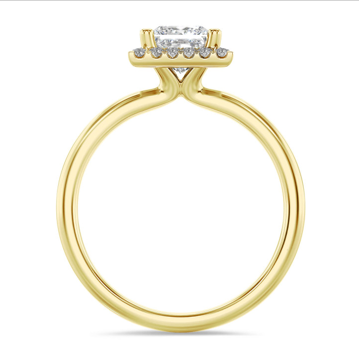1.20 carats bague solitaire de type auréole avec un diamant de laboratoire princesse en or jaune avec diamants de laboratoire ronds