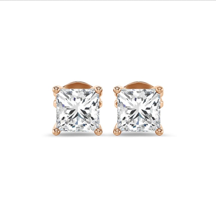 2.00 carats Boucles d'oreilles en or rouge avec diamant de laboratoire princesse solitaire