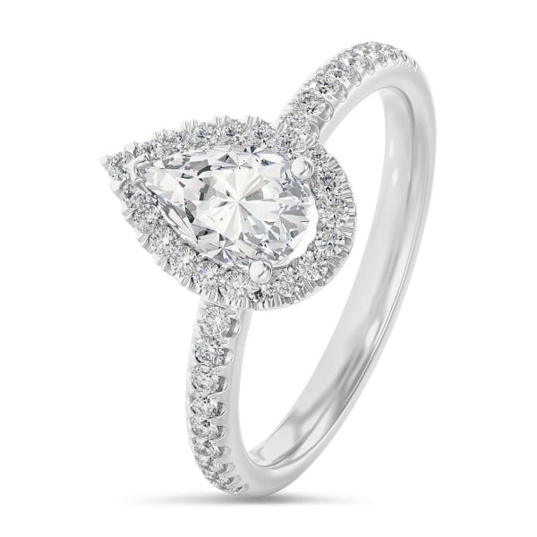 Bagues de fiançailles - 3.00 carats bague solitaire de type auréole avec un diamant poire en or blanc avec diamants ronds
