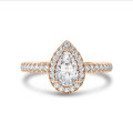 1.20 carats bague solitaire de type auréole avec un diamant poire en or rouge avec diamants ronds