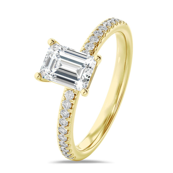 Bagues de fiançailles - 1.00 carats bague solitaire avec un diamant de laboratoire émeraude en or jaune avec diamants de laboratoire sur les côtés