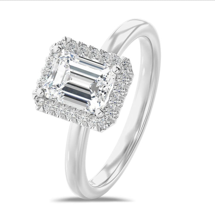 1.20 carats bague solitaire de type auréole avec un diamant de laboratoire émeraude en or blanc avec diamants de laboratoire ronds