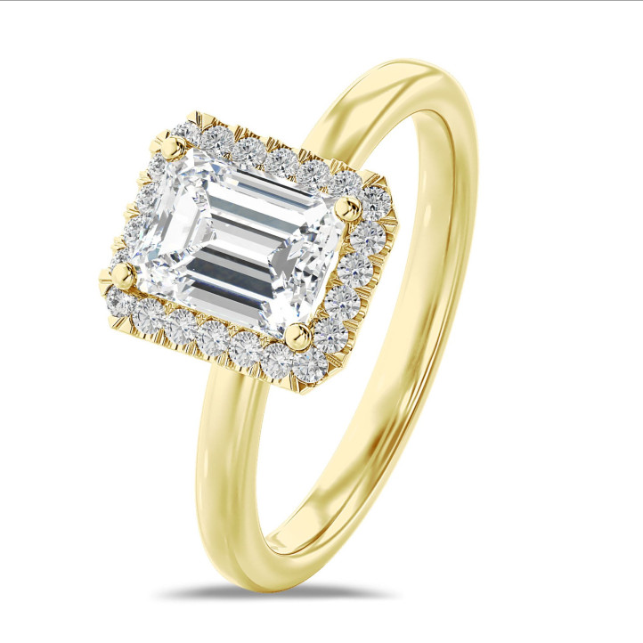 1.20 carats bague solitaire de type auréole avec un diamant de laboratoire émeraude en or jaune avec diamants de laboratoire ronds
