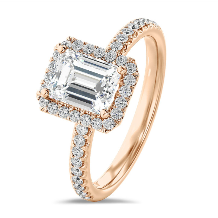 1.20 carats bague solitaire de type auréole avec un diamant de laboratoire émeraude en or rouge avec diamants de laboratoire ronds