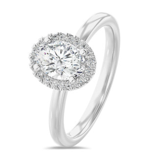 1.20 carats bague solitaire de type auréole avec un diamant de laboratoire ovale en or blanc avec diamants de laboratoire ronds