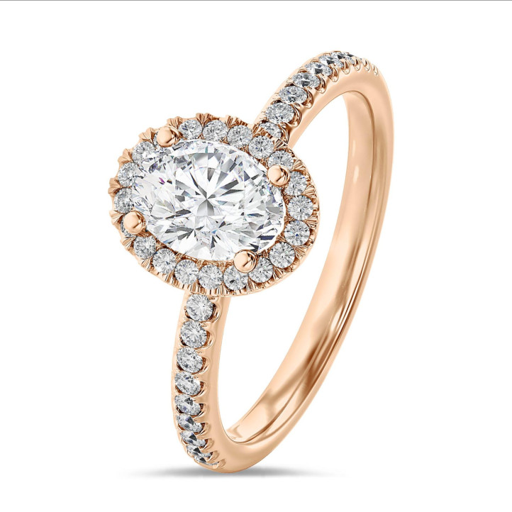 1.00 carats bague solitaire de type auréole avec un diamant de laboratoire ovale en or rouge avec diamants de laboratoire ronds