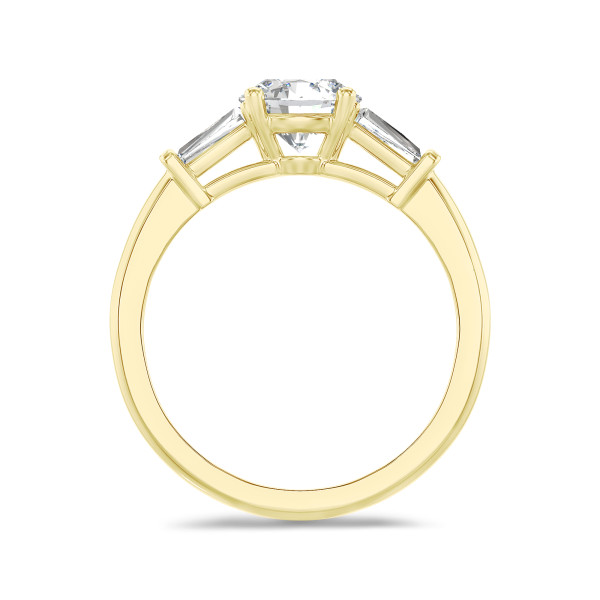 Bagues de fiançailles - 1.00 carat Bague trilogie en or jaune avec un diamant de laboratoire rond et deux diamants de laboratoire baguettes de forme conique