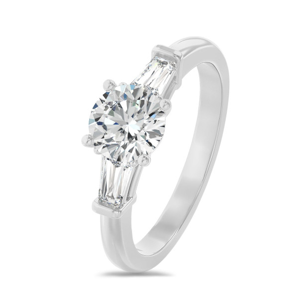 Bagues - 1.00 carat Bague trilogie en platine avec un diamant de laboratoire rond et deux diamants de laboratoire baguettes de forme conique