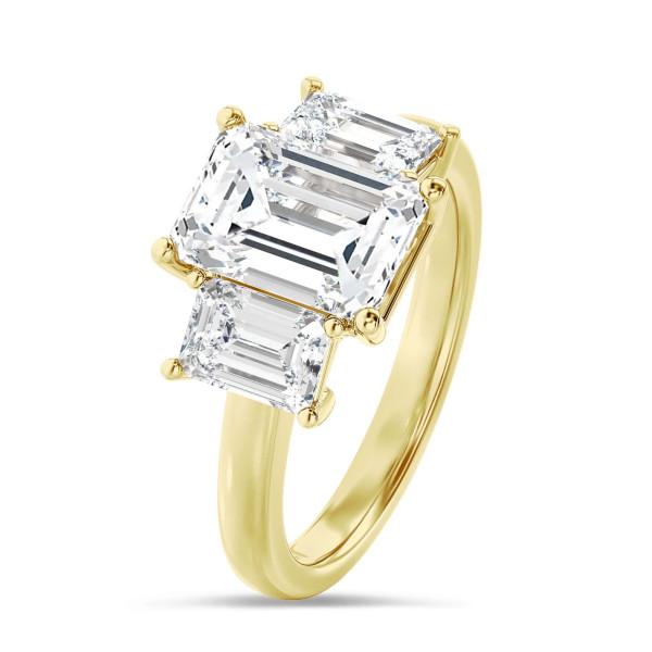 Bagues de fiançailles - 4.40 carat Bague trilogie en or jaune avec des diamants de laboratoire émeraude