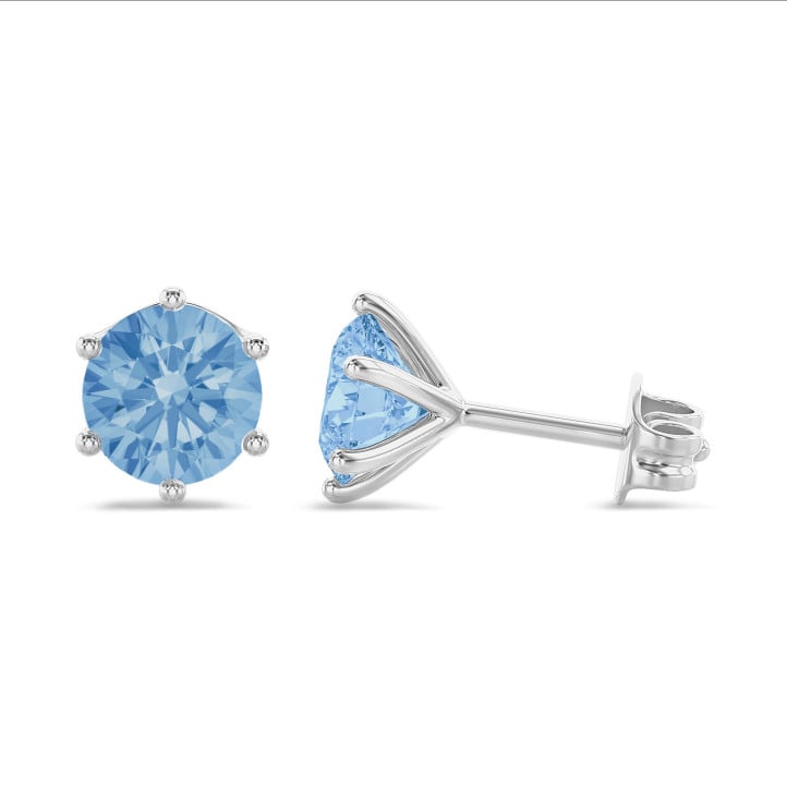 2.00 carats Boucles d'oreilles solitaires en or blanc avec des diamants ronds bleus