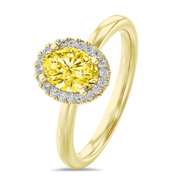 Bagues - 1.00 carat bague solitaire de type auréole en or jaune avec un diamant jaune ovale et diamants ronds