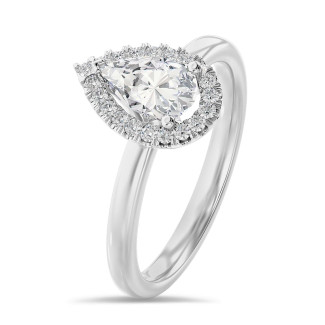 5.00 carats bague solitaire de type auréole avec un diamant synthétique poire en or blanc avec diamants synthétiques ronds