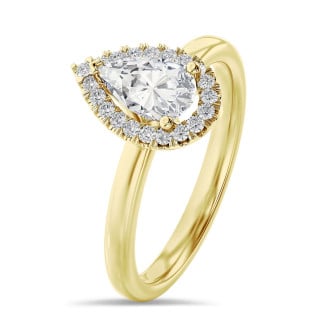 5.00 carats bague solitaire de type auréole avec un diamant poire en or jaune avec diamants ronds