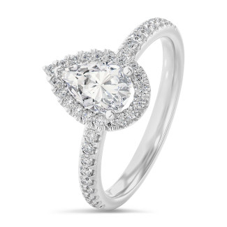 5.00 carats bague solitaire de type auréole avec un diamant synthétique poire en or blanc avec diamants synthétiques ronds