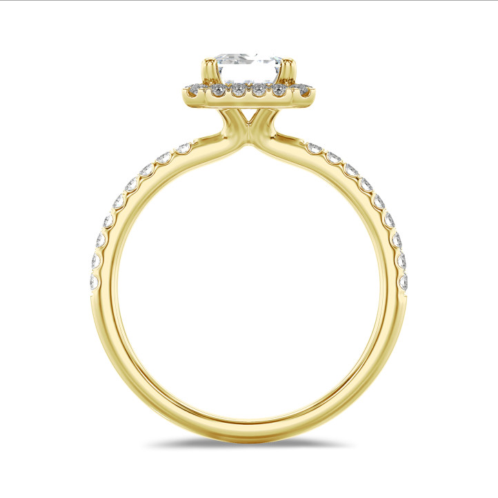 5.00 carats bague solitaire de type auréole avec un diamant synthétique émeraude en or jaune avec diamants synthétiques ronds