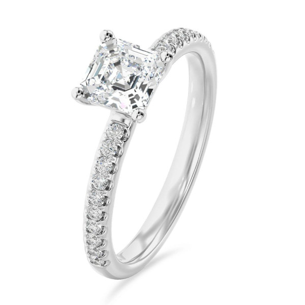3.00 carats bague solitaire avec un diamant synthétique taille asscher en or blanc et diamants synthétiques sur les côtés