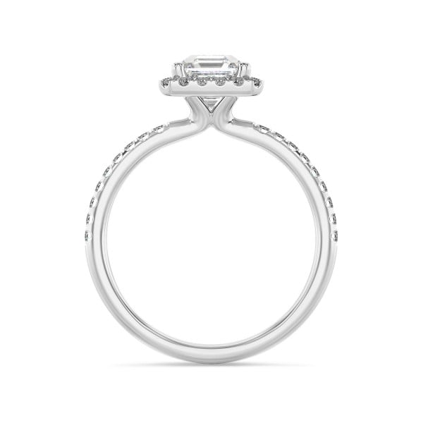 Bagues de fiançailles - 1.00 carats bague solitaire de type auréole avec un diamant synthétique taille asscher en or blanc et diamants synthétiques ronds