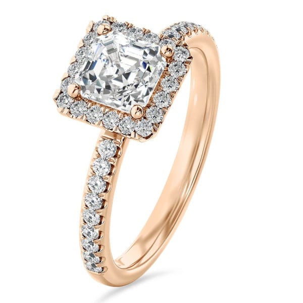 Bagues - 1.00 carats bague solitaire de type auréole avec un diamant taille asscher en or rouge et diamants ronds