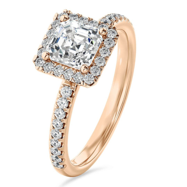 Bagues - 1.50 carats bague solitaire de type auréole avec un diamant synthétique taille asscher en or rouge et diamants synthétiques ronds