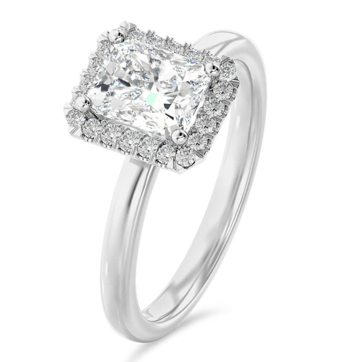 1.20 carat bague solitaire de type auréole avec un diamant de taille radiant synthétique en or blanc et diamants synthétiques ronds