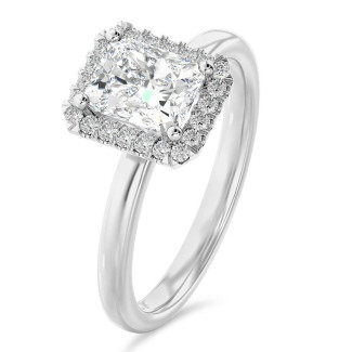 1.20 carat bague solitaire de type auréole avec un diamant de taille radiant synthétique en or blanc et diamants synthétiques ronds