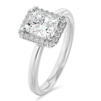 2.00 carat bague solitaire de type auréole avec un diamant de taille radiant en or blanc et diamants ronds
