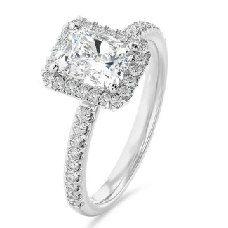 1.20 carat bague solitaire de type auréole avec un diamant de taille radiant synthétique en or blanc et diamants synthétiques ronds