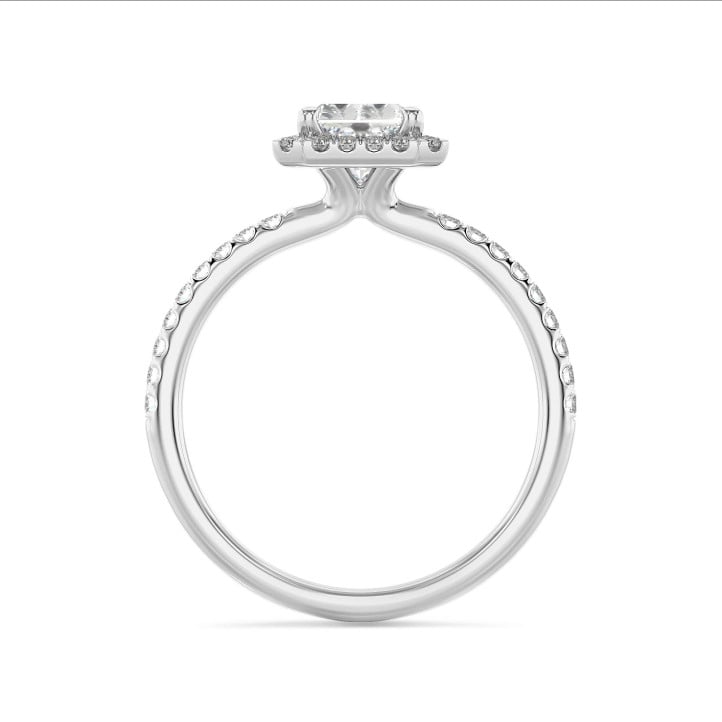 3.00 carat bague solitaire de type auréole avec un diamant de taille radiant synthétique en or blanc et diamants synthétiques ronds