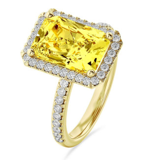 3.00 carat bague solitaire de type auréole avec un diamant jaune de taille radiant synthétique en or jaune